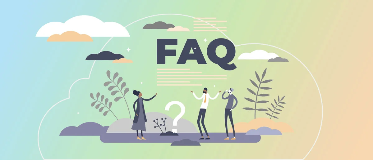 Menschen stehen zusammen und diskutieren über etwas. Es gibt ein Fragezeichen und darüber steht in großen Buchstaben FAQ.