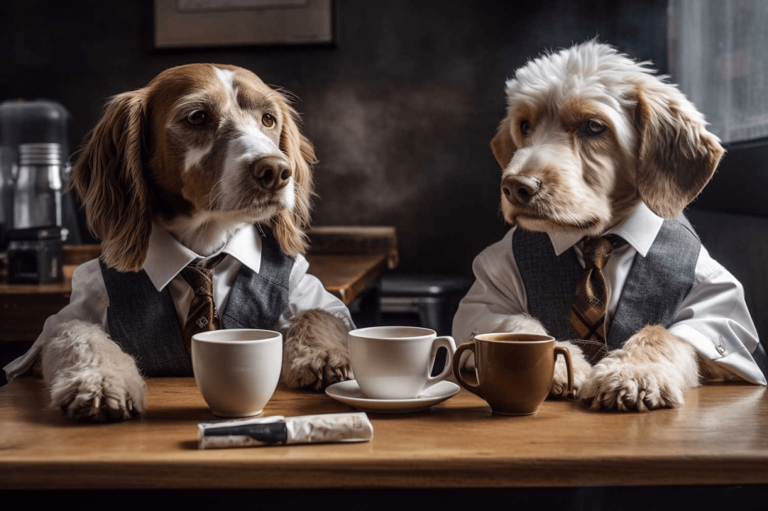 zwei Hunde sitzen auf einem Schreibtisch und denken über den Kostenvoranschlag nach.