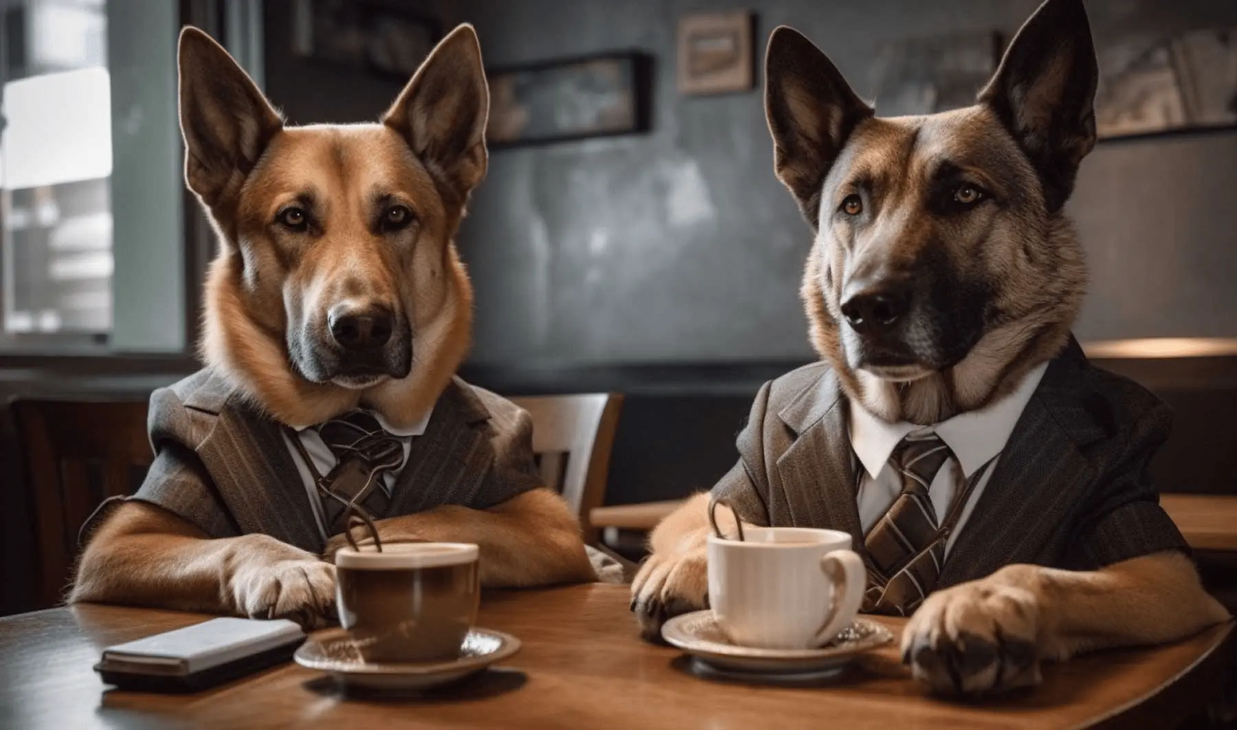 Zwei Schäferhunde sitzen am Tisch und fragen sich, was der Unterschied zwischen Kostenvoranschlägen, Angeboten und Geschäftsangeboten bei Geschäftsverhandlungen ist.